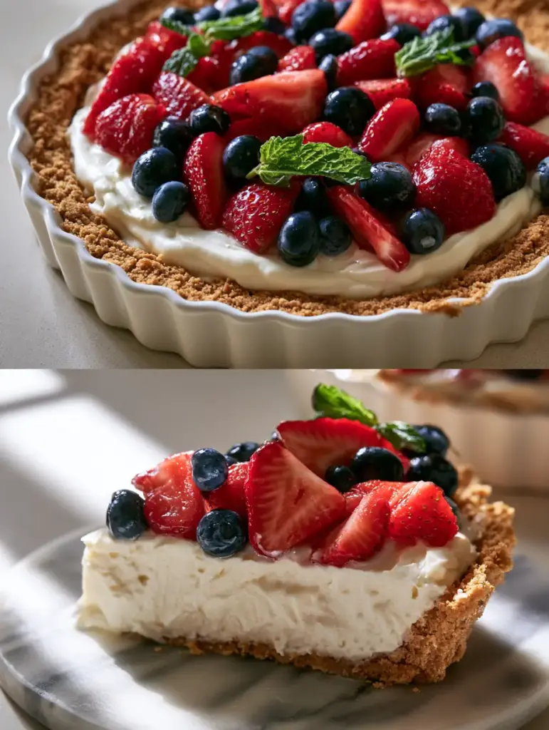 Summer pie recipes: The Ultimate No-Bake Strawberry Mascarpone Berry Pie 1 Close up macro shot of a pie slice showing the white aerated mascarpone cream and golden crust. (Summer pie recipes)