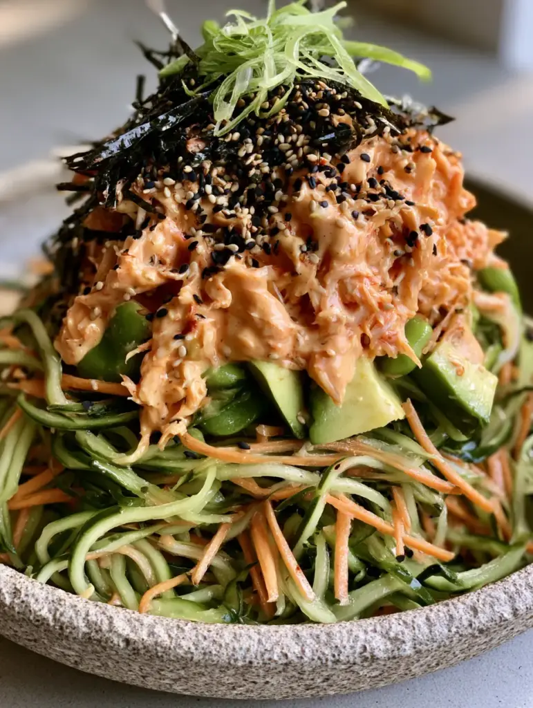 California Roll Cucumber Salad: The Ultimate Deconstructed Sushi Bowl 1 A textured stone bowl filled with spiralized cucumbers, shredded kani crab, and toasted nori strips. (california roll cucumber salad)