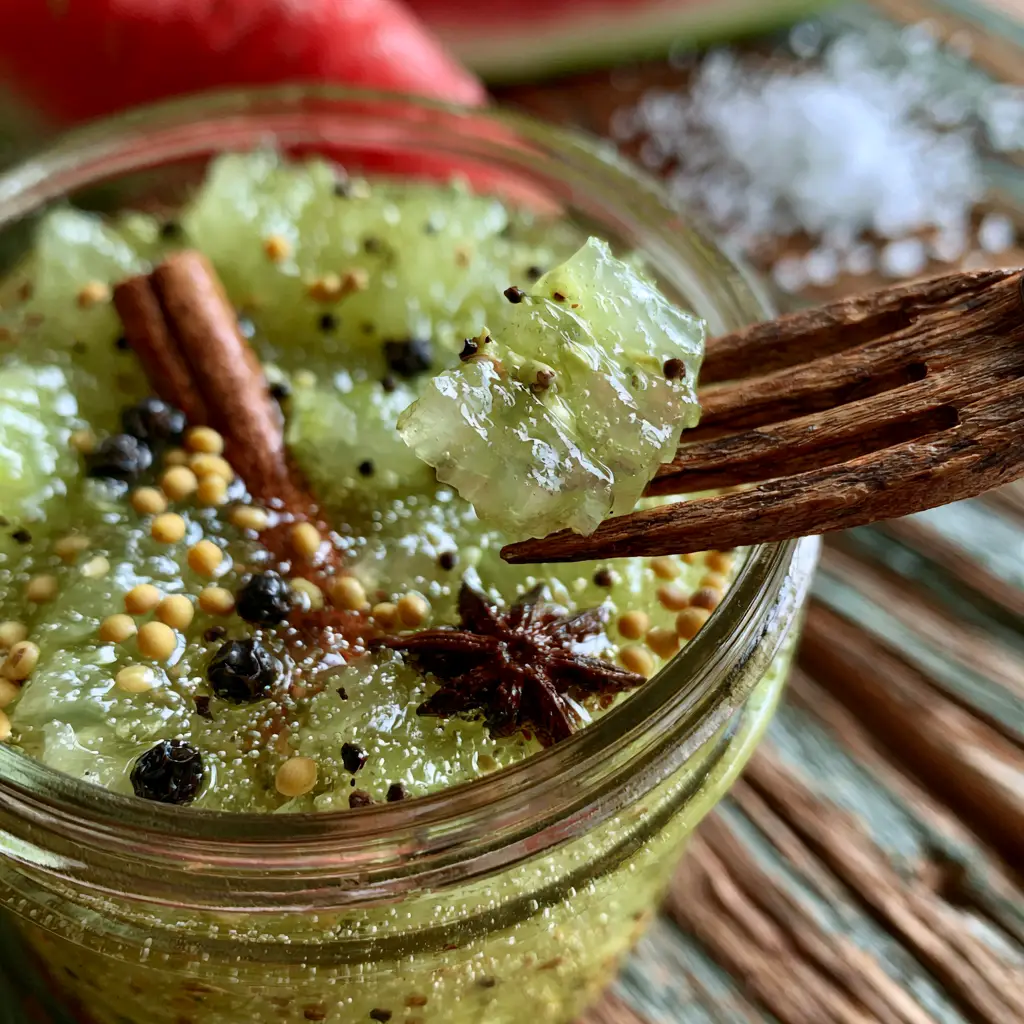 Watermelon Canning Recipes: The Ultimate Spiced Pickled Rind Guide 2 Macro view of translucent pale-green rinds and spices in clear brine, ideal for watermelon canning recipes.