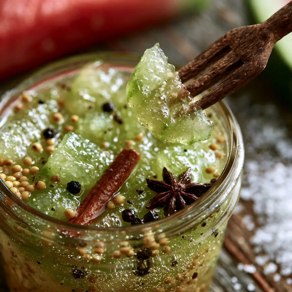 Watermelon Canning Recipes: The Ultimate Spiced Pickled Rind Guide 1 A rustic wooden fork lifting a crisp pickled watermelon rind from a jar of sparkling brine.