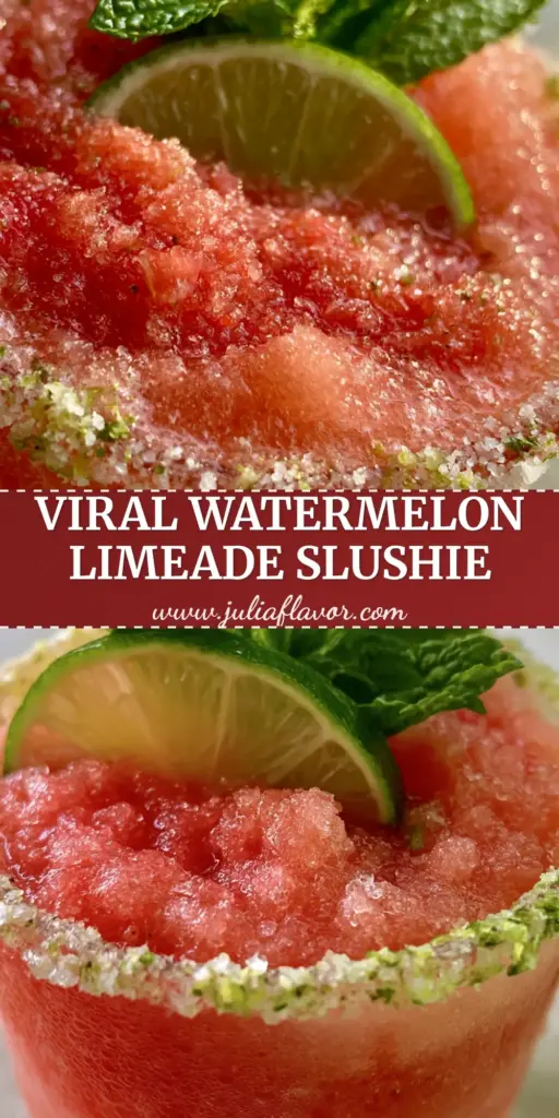 Leftover Watermelon Recipes: The Viral Limeade Slushie 4 A tall ribbed glass filled with a pink watermelon limeade slushie, featuring a lime zest rim and mint garnish. (leftover watermelon recipes)
