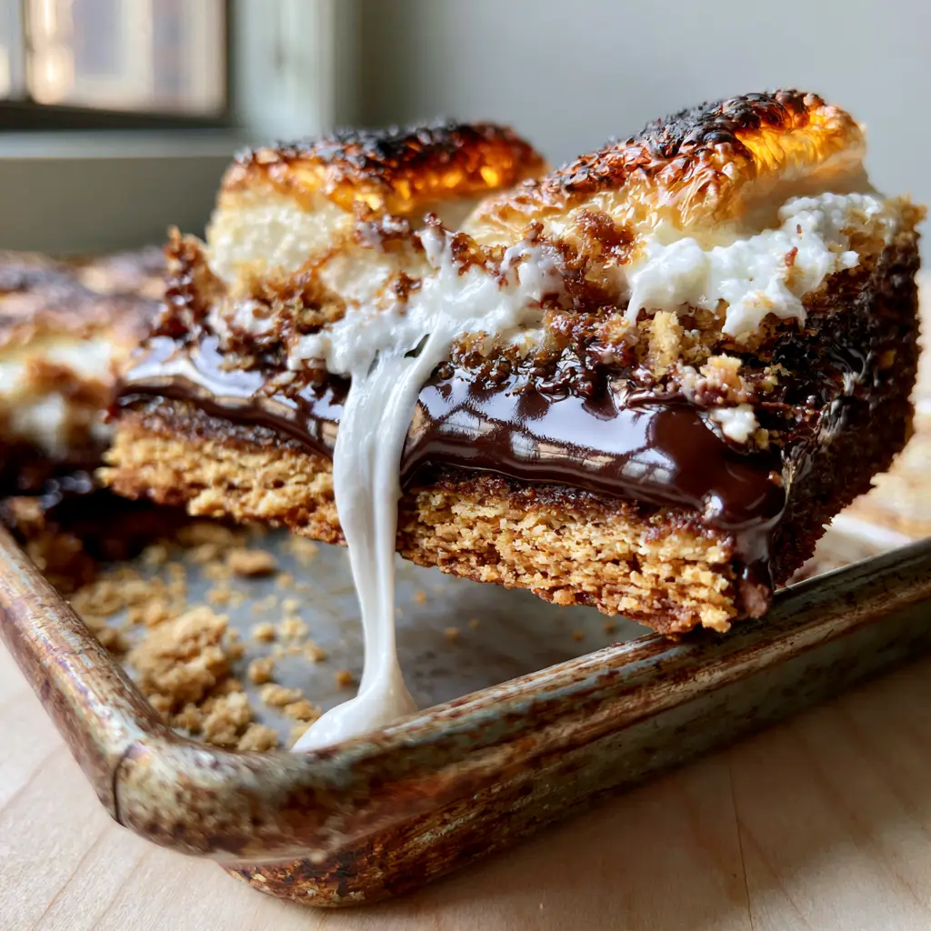 Smores Cookie Bars with Charred Marshmallow Peaks and Hershey Chocolate 2 Hand lifting a Smores Cookie Bar from a metal pan with a long marshmallow stretch. (Smores Cookie Bars)