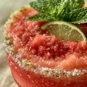 A macro eye-level shot showing the velvety texture and coral gradient of a watermelon limeade slushie. (leftover watermelon recipes)