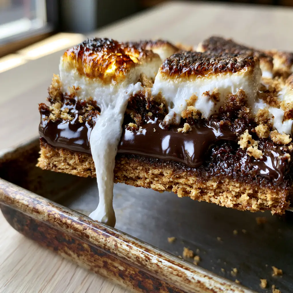 Smores Cookie Bars with Charred Marshmallow Peaks and Hershey Chocolate 1 Close up of charred amber peaks on jumbo marshmallows atop Smores Cookie Bars.