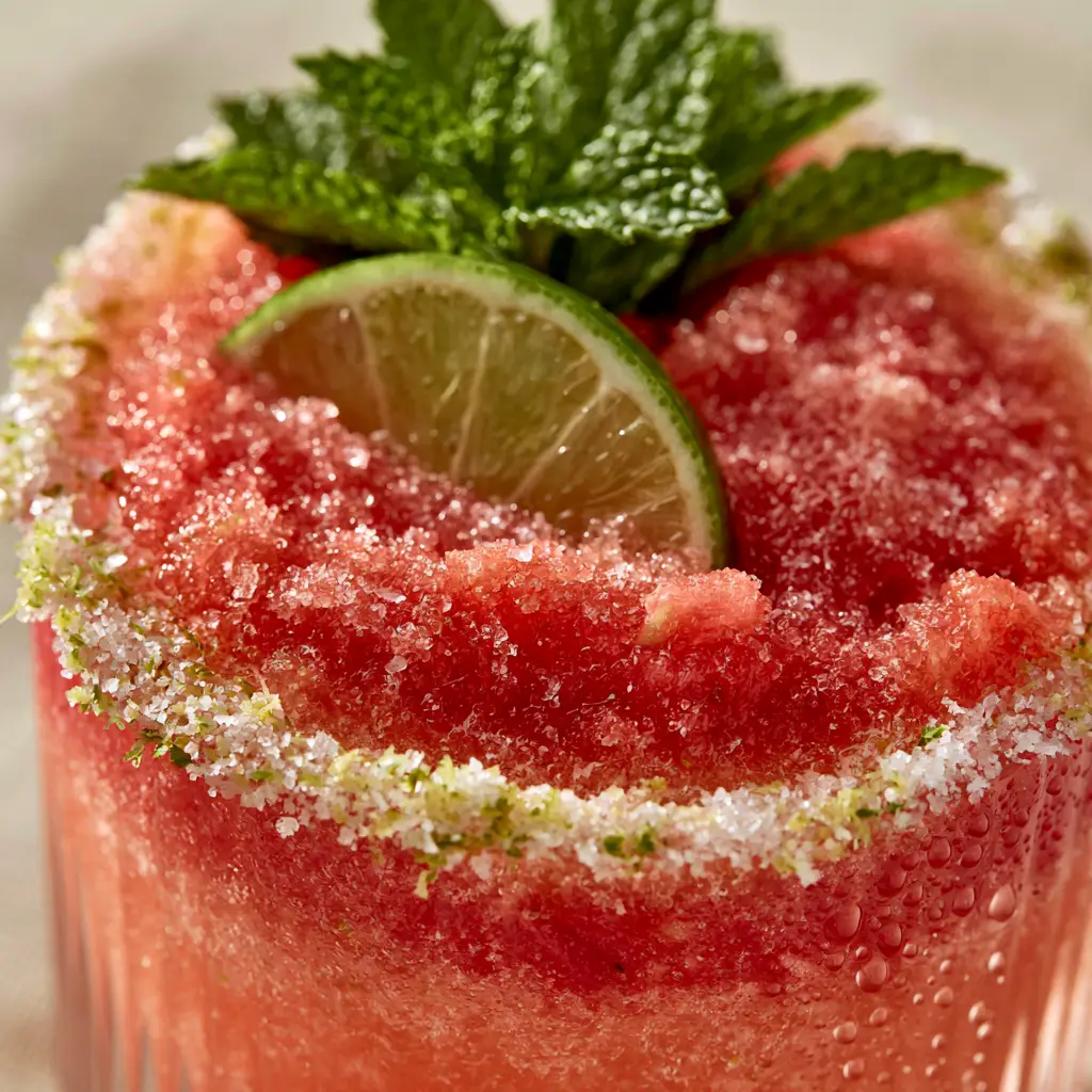 Leftover Watermelon Recipes: The Viral Limeade Slushie 1 Close-up of a lime zest and sparkling salt rim on a ribbed glass with a mint crown. (leftover watermelon recipes)