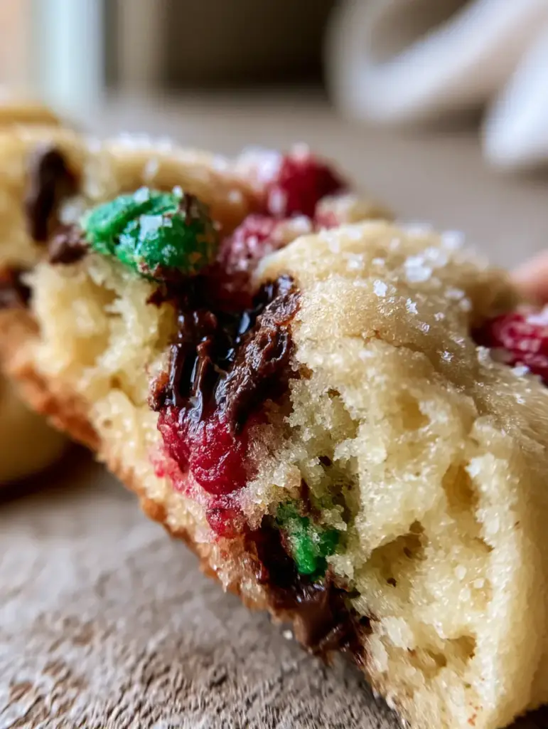 Christmas Chocolate Chip Cookies: The Ultimate Soft-Baked Holiday Treat 2 Macro close-up of a soft-baked Christmas chocolate chip cookie pulled apart to reveal a pillowy interior and chocolate pools.