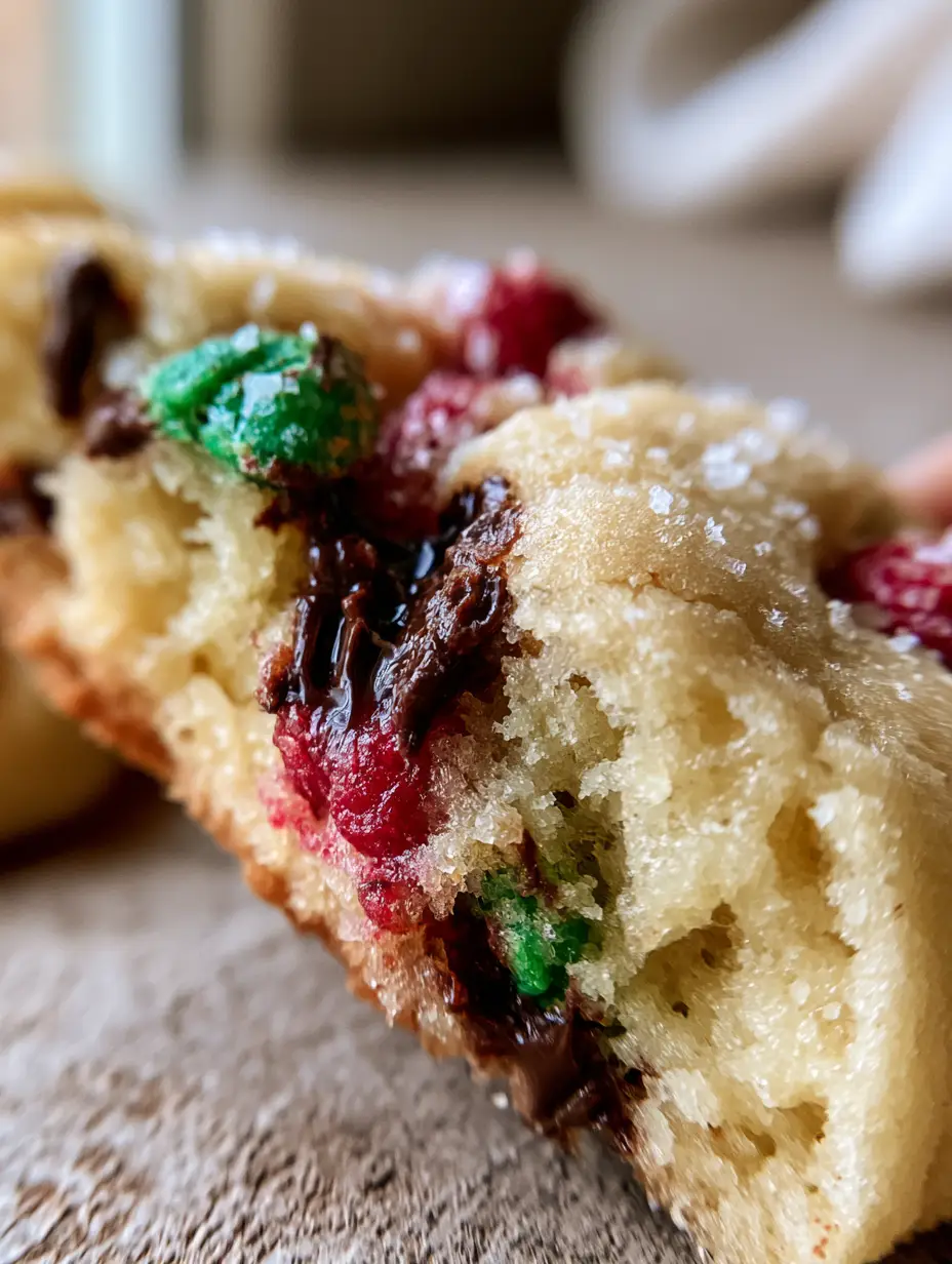 Christmas Chocolate Chip Cookies: The Ultimate Soft-Baked Holiday Treat 3 Macro close-up of a soft-baked Christmas chocolate chip cookie pulled apart to reveal a pillowy interior and chocolate pools.