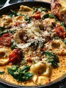 Extreme close-up of Creamy Spinach Tomato Tortellini in a cast iron skillet showing orange-gold sauce and blistered tomatoes.
