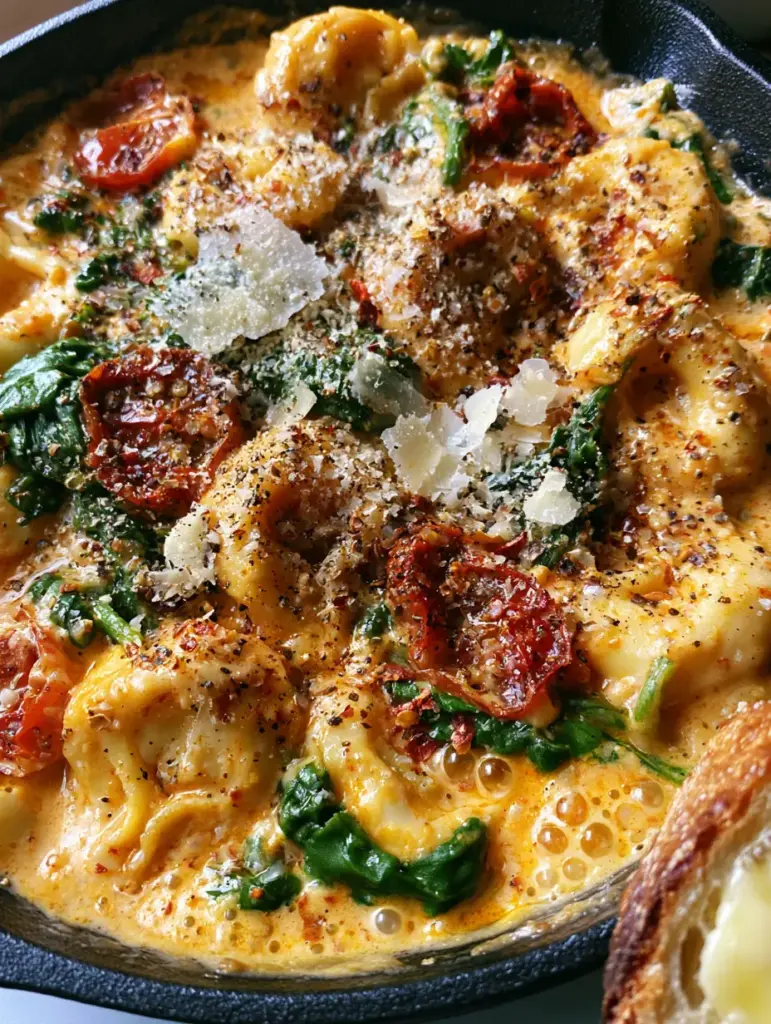 Creamy Spinach Tomato Tortellini in a Rustic Cast Iron Skillet 1 High-angle shot of Creamy Spinach Tomato Tortellini with visible folds of pasta and wilted spinach leaves.