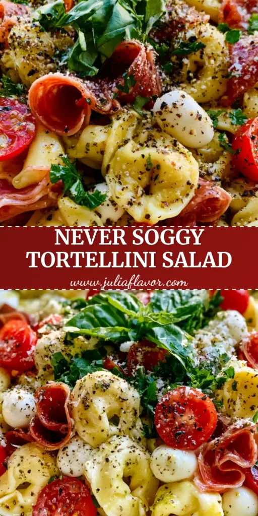 Tortellini Pasta Salad with Genoa Salami and Fresh Italian Herbs 4 A vibrant Tortellini pasta salad in a matte white bowl featuring folded salami and mozzarella pearls.