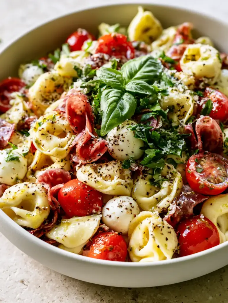 Tortellini Pasta Salad with Genoa Salami and Fresh Italian Herbs 2 Macro close-up of Tortellini pasta salad with glossy dressing, basil, and black pepper.