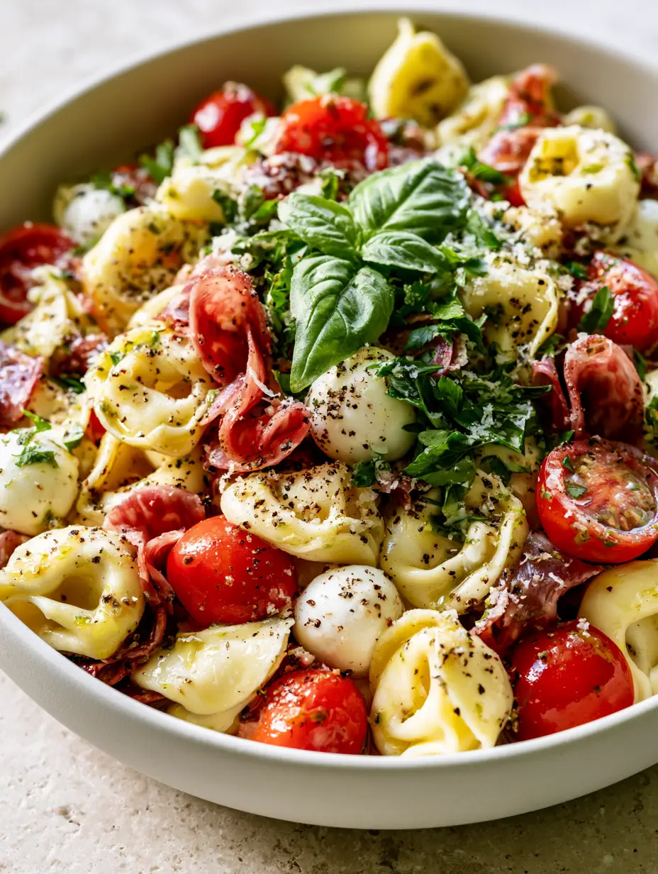 Tortellini Pasta Salad with Genoa Salami and Fresh Italian Herbs 3 Macro close-up of Tortellini pasta salad with glossy dressing, basil, and black pepper.