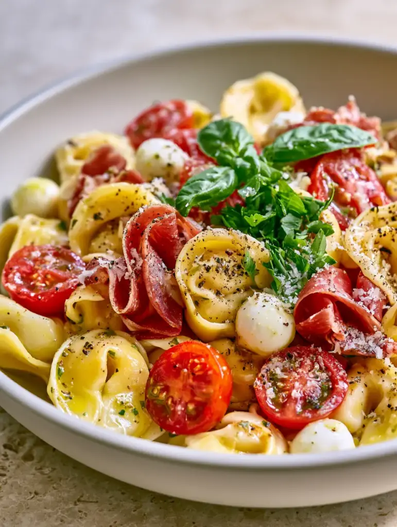 Tortellini Pasta Salad with Genoa Salami and Fresh Italian Herbs 1 Eye-level view of a vibrant Italian Tortellini pasta salad showing salami ribbons and cherry tomatoes.