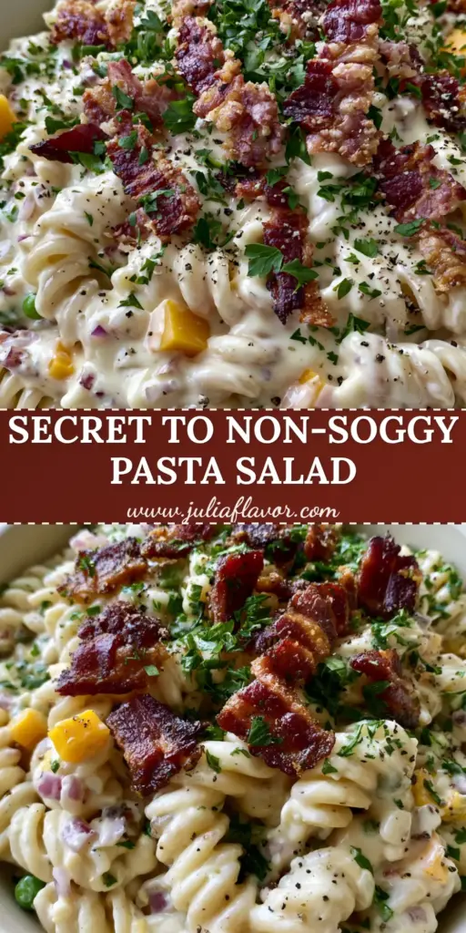 Bacon Pasta Salad with Extra-Crispy Lardons and Glossy Ranch Dressing 4 A top-down view of a creamy Bacon Pasta Salad in a white bowl with charred bacon lardons, yellow cheddar cubes, and fresh parsley garnish.