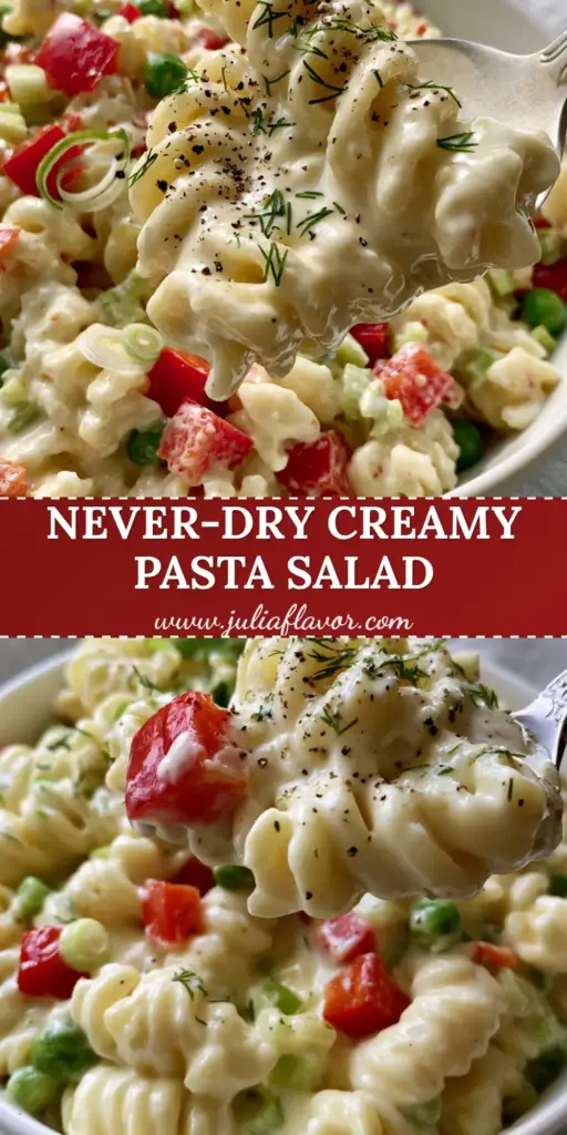 Creamy Pasta Salad with Dill and Crisp Vegetables 4 A top-down view of a creamy pasta salad in a white bowl, showing rotini, green peas, and red bell peppers. (creamy pasta salad)