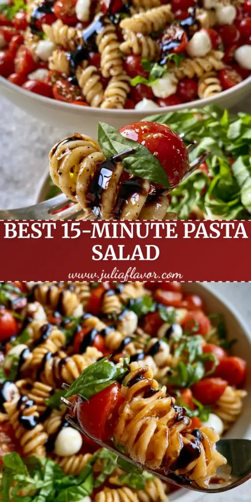 Bruschetta Pasta Salad with Balsamic Glaze and Fresh Basil 4 A vibrant birds-eye view of Bruschetta Pasta Salad in a white bowl featuring rotini, mozzarella, and balsamic drizzle.