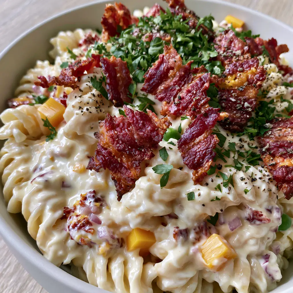 Bacon Pasta Salad with Extra-Crispy Lardons and Glossy Ranch Dressing 2 Extreme close-up of glossy ivory dressing on rotini spirals in a Bacon Pasta Salad with visible black pepper and parsley.