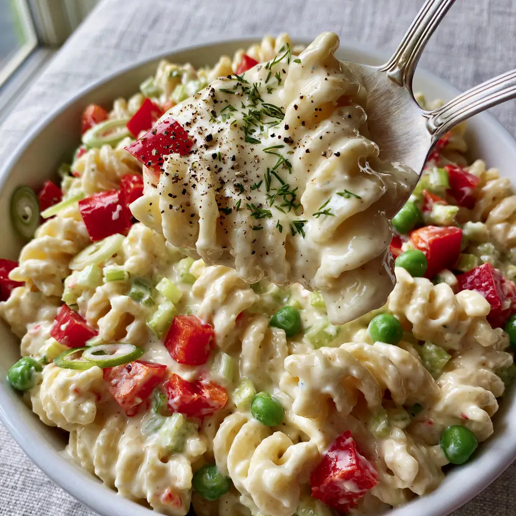 Creamy Pasta Salad with Dill and Crisp Vegetables 2 A close-up, handheld smartphone photo of a white ceramic bowl filled with ultra-creamy rotini pasta salad with a silver spoon lifting a portion. (creamy pasta salad)