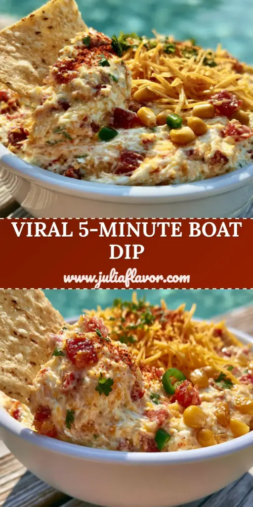 Boat Dip: The Ultimate Creamy Poolside Appetizer for Summer 4 A close-up shot of Boat dip being scooped with a tortilla chip, showing the thick cream cheese base and corn.