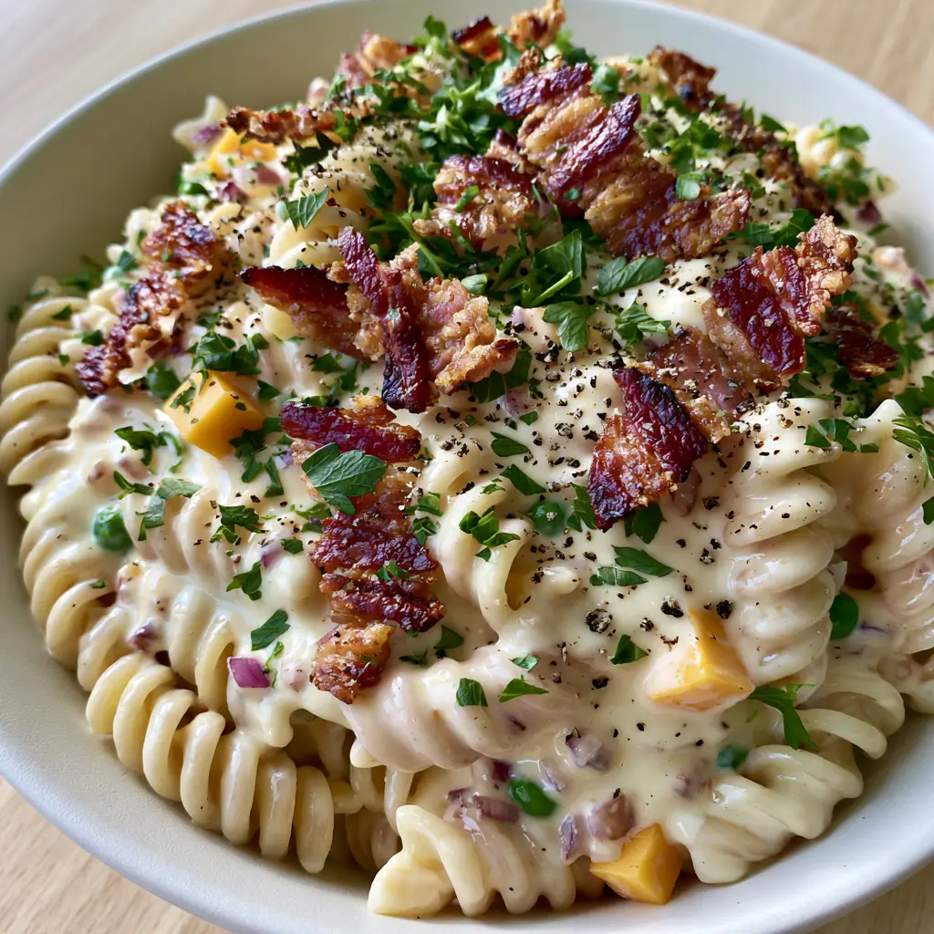 Bacon Pasta Salad with Extra-Crispy Lardons and Glossy Ranch Dressing 1 Top-down view of charred reddish-brown bacon lardons and sharp yellow cheddar cubes on a creamy Bacon Pasta Salad.