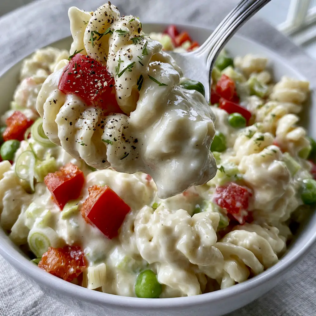 Creamy Pasta Salad with Dill and Crisp Vegetables 1 Detailed close-up of creamy pasta salad showing diced red bell peppers, scallions, and chopped fresh dill. (creamy pasta salad)