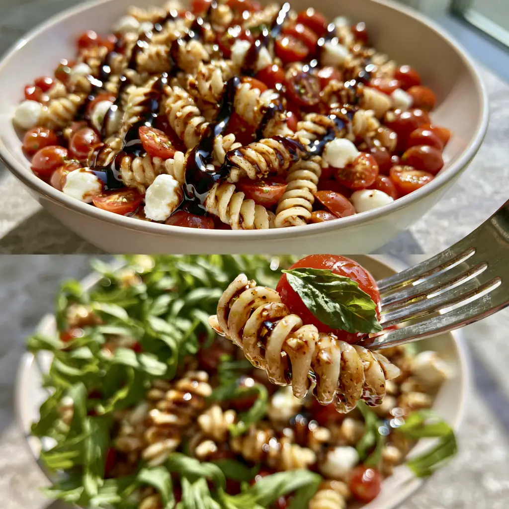 Bruschetta Pasta Salad with Balsamic Glaze and Fresh Basil 1 Macro close-up of a fork lifting rotini pasta, a cherry tomato, and basil from a Bruschetta Pasta Salad.