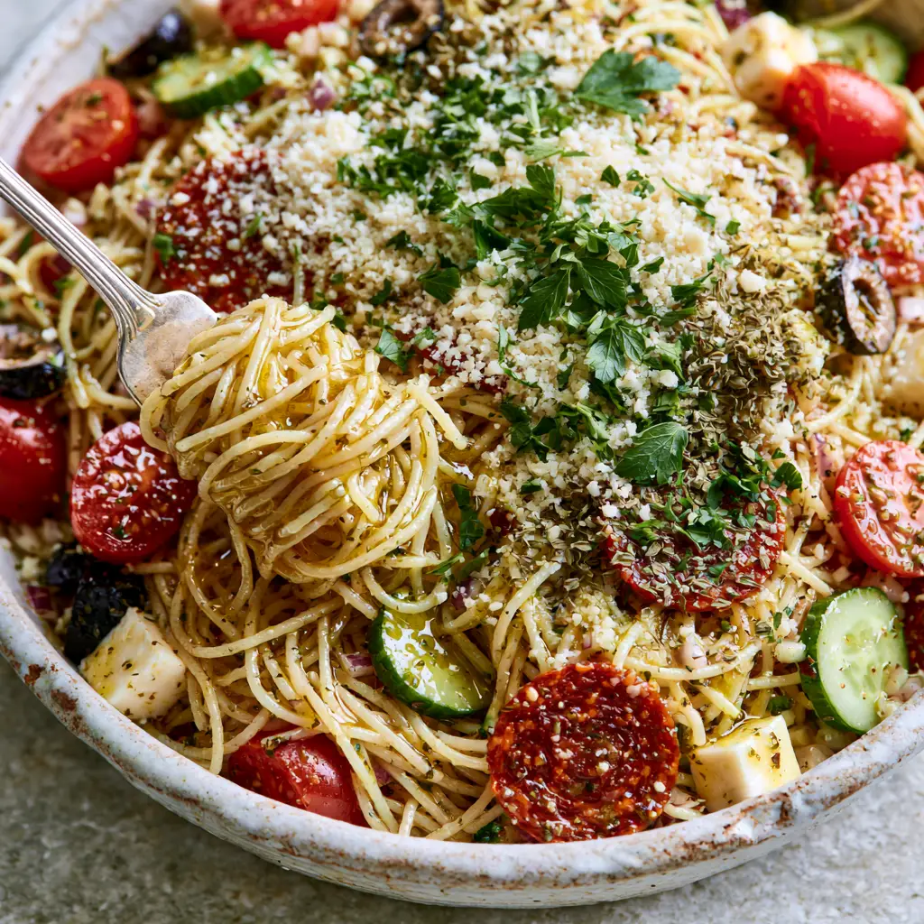 Spaghetti Salad: The Ultimate Zesty Italian Pasta Dish for Potlucks 2 A top-down angled shot of a large, rustic white ceramic bowl overflowing with vibrant spaghetti salad.