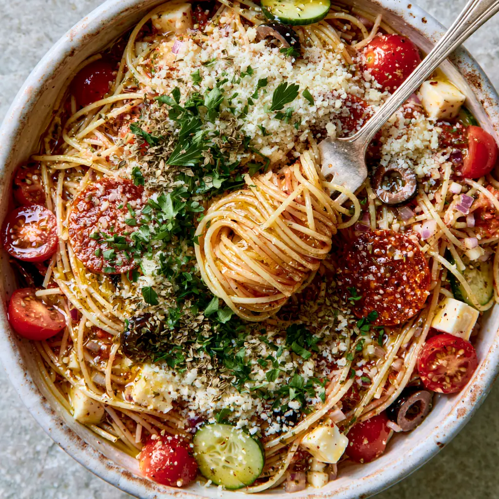 Spaghetti Salad: The Ultimate Zesty Italian Pasta Dish for Potlucks 1 Close-up of a silver fork lifting a tangle of glossy spaghetti salad noodles from a white bowl.