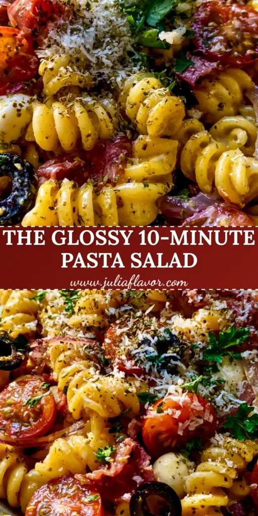 Italian Pasta Salad Recipe with Zesty Golden Herb Vinaigrette 3 A top-down view of the best Italian pasta salad recipe in a rustic bowl featuring rotini, salami ribbons, and mozzarella pearls. (Italian pasta salad recipe)