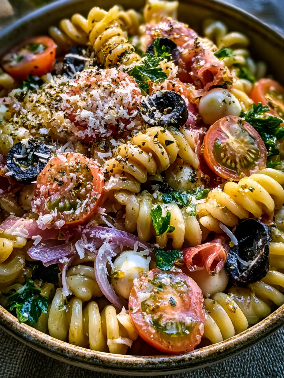 Italian Pasta Salad Recipe with Zesty Golden Herb Vinaigrette 4 A detailed close-up of an Italian pasta salad recipe showing glossy dressing, rotini spirals, and translucent red onions. (Italian pasta salad recipe)