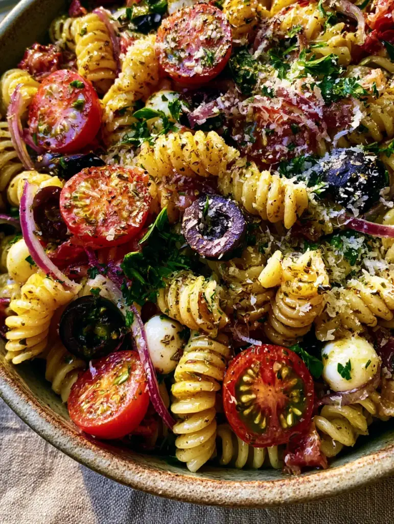 Italian Pasta Salad Recipe with Zesty Golden Herb Vinaigrette 1 A wide shot of Italian pasta salad recipe in a rustic stoneware bowl on a linen tabletop with soft natural lighting.