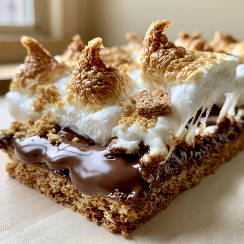 S'more Bars with Gooey Marshmallow Pulls and Molten Chocolate 3 A close-up view of thick s'more bars with caramelized marshmallow peaks and a glossy milk chocolate center.