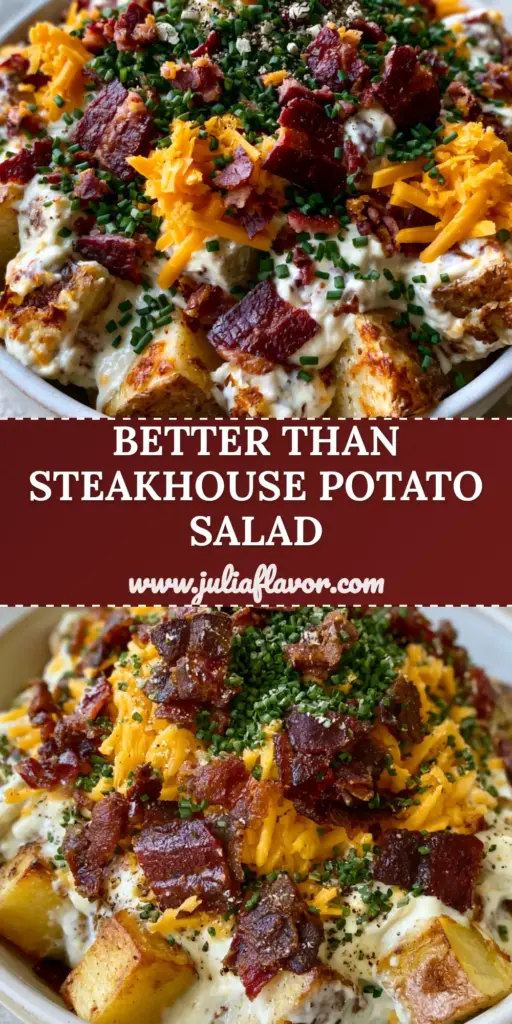 Loaded Potato Salad with Roasted Yukon Gold Potatoes and Crispy Bacon 4 A rustic white ceramic bowl overflowing with loaded potato salad featuring roasted Yukon gold potatoes, dark red crispy bacon crumbles, and bright orange sharp cheddar.