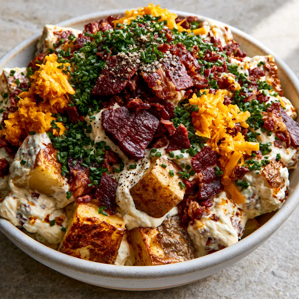 Loaded Potato Salad with Roasted Yukon Gold Potatoes and Crispy Bacon 2 Vertical handheld photo of loaded potato salad in a white bowl showing crispy roasted Yukon gold potatoes and fresh chives.