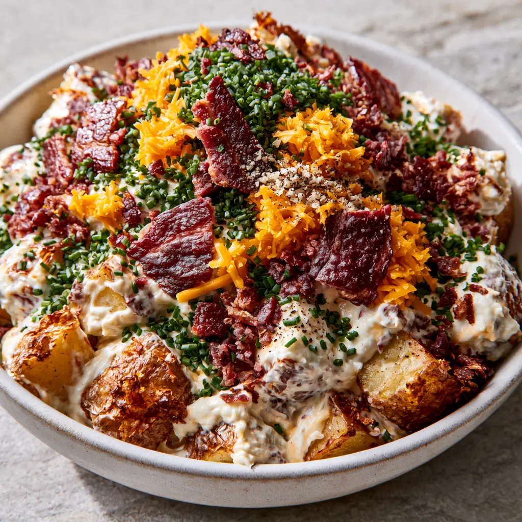 Loaded Potato Salad with Roasted Yukon Gold Potatoes and Crispy Bacon 1 Close-up of loaded potato salad highlighting the thick velvety sour cream dressing and cracked black pepper.