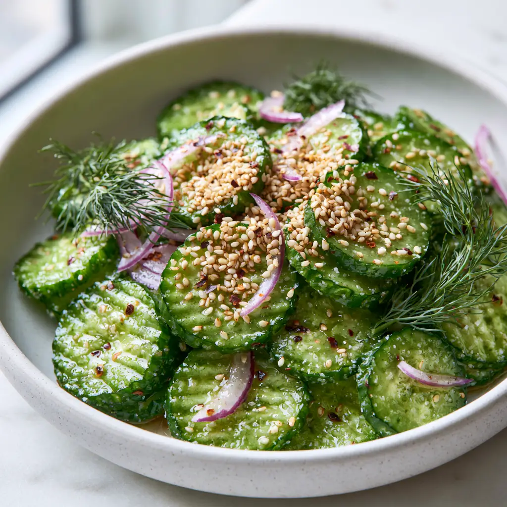 Cucumber salad recipe: Ultra-Crisp Persian Style with Rice Vinegar 2 Close-up of vibrant green Persian cucumber slices with visible ridges and sea salt crystals. (Cucumber salad recipe)