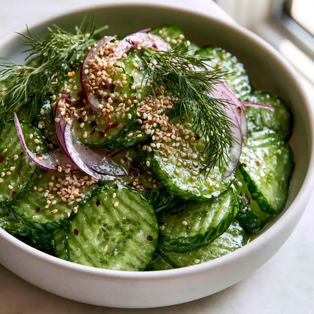 Cucumber salad recipe: Ultra-Crisp Persian Style with Rice Vinegar 1 A minimalist bowl of cucumber salad garnished with red onion crescents, sesame seeds, and dill fronds.