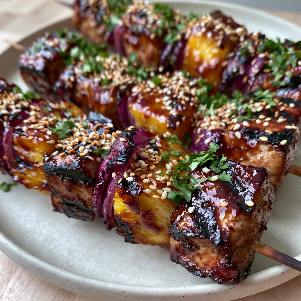 Grilled Pork Kabobs with Glistening Mahogany Glaze and Charred Pineapple 2 Close-up handheld photo of juicy grilled pork kabobs with dark grill marks and sesame seeds. (grilled pork kabobs)