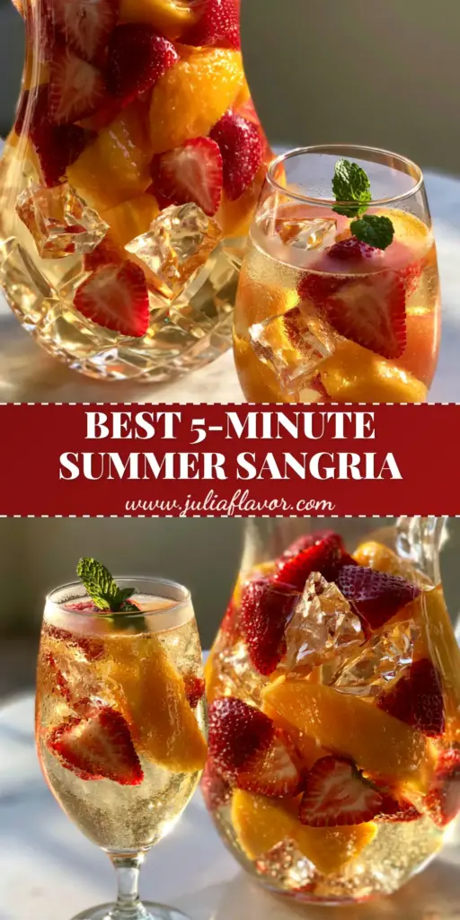 Strawberry Mango Sangria: The Ultimate Shimmering Summer Refresher 4 A large crystal pitcher and a single elegant glass of Strawberry Mango Sangria with shimmering pale gold Moscato, strawberries, and mango chunks.
