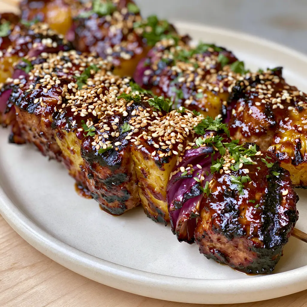 Grilled Pork Kabobs with Glistening Mahogany Glaze and Charred Pineapple 1 Slightly angled photo of grilled pork kabobs on a matte off-white ceramic plate with blistered onions.